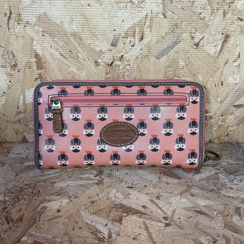 Zip-Around Wallet Fossil Pink Coral Owl Print Vinyl Coated Canvas Woodland Leath